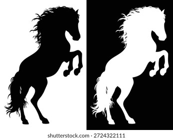 Una Ilustración vectorial de alta calidad de una poderosa silueta de caballo de cría mustang. Con versiones en blanco y negro, este diseño minimalista es perfecto para logotipos, marcas ecuestres, mascotas deportivas y proyectos modernos de temática natural.