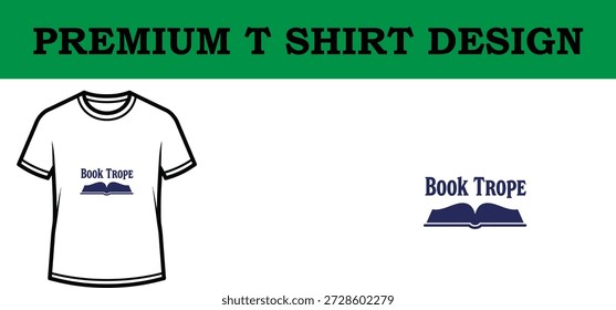 Ilustración vectorial de alta calidad de un diseño de camiseta de tipografía premium con la frase 'Book Trope Addiction' con un ícono de libro minimalista, perfecto para proyectos de Impresión a la carta, Mercancía y marca.