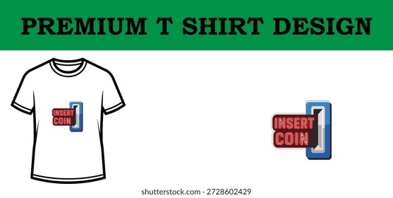 Ilustração vetorial de alta qualidade de um design de camiseta de tipografia premium com um gráfico de "inserir moeda", perfeito para jogos, retro, ou projetos de moda casual com um olhar limpo e escalável.