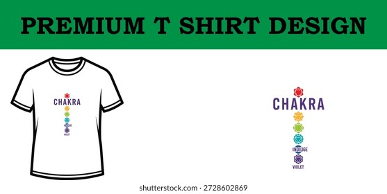 Hochwertige Vektorgrafik eines T-Shirt-Designs mit Premium-Typografie und dem Wort "CHAKRA" mit lebendigen Regenbogenenergiesymbolen, ideal für Print-on-Demand, Bekleidungsmarken und spirituelle Merchandise.