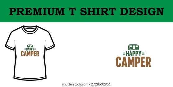 Ilustración vectorial de alta calidad de un diseño de camiseta de tipografía premium con texto juguetón 'Happy Camper' con una estética retro, ideal para impresión de prendas de vestir, Mercancía y proyectos de diseño digital.