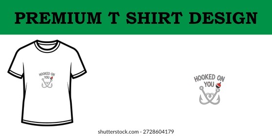 Ilustración vectorial de alta calidad de un diseño de camiseta de tipografía premium con texto juguetón "enganchado a ti" con anzuelo y corazón, ideal para Impresión a la carta, marca de ropa y proyectos de Mercancía personalizados.