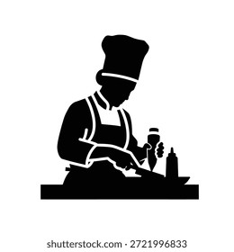 Hochwertige Vektorgrafik eines professionellen Küchenchefs, der fleißig ein Essen in der Küche zubereitet. Perfekt für kulinarische und Restaurant-Branding.
