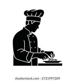 Ilustração vetorial de alta qualidade de um chef profissional meticulosamente preparando um prato. O chef está vestido com um uniforme tradicional, completo com um chapéu, e está focado em sua tarefa culinária.