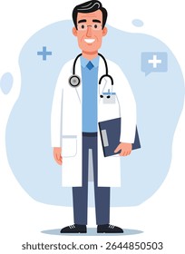 High-quality vector illustration of a professional doctor in a white coat with a stethoscope, symbolizing trust, care, and medical expertise. Ideal for healthcare websites, telemedicine platforms, 