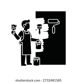 High-quality vector illustration of a professional painter meticulously applying paint with a brush and roller. The image showcases the painter's tools and equipment, emphasizing precision and craftsmanship.