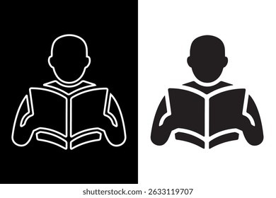 High-quality vector illustration of a reading concept, depicted as a clean black icon. Isolated on black and white background