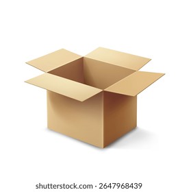 High-quality vector illustration of a realistic open cardboard box isolated on white background. Perfect for packaging design, delivery concepts, logistics, and e-commerce projects. 