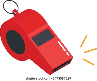 A high-quality vector illustration of a realistic red whistle in isometric view.
