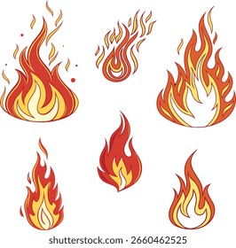 Ilustración vectorial De Alta Calidad De Llamas De Fuego Realistas Y Estilizadas, Aisladas Sobre Un Fondo Blanco. Formas De Llama Y Movimiento Dinámico Con Gradientes De Rojo, Naranja Y Amarillo. Conjunto De Fuego.