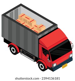 Ilustración vectorial de alta calidad de un camión de entrega rojo con cajas sobre fondo blanco. Perfecto para empresas de entrega, compañías navieras o cualquier negocio que necesite transportar mercancías.