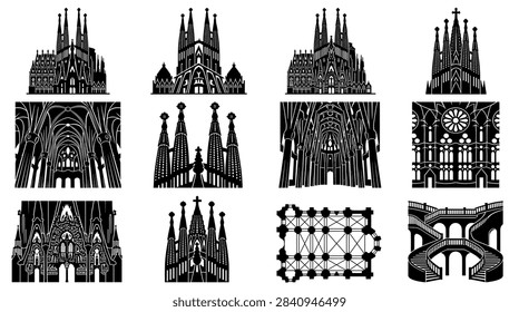 High-quality vector illustration of a renowned Gothic and Art Nouveau cathedral in Spain. This detailed graphic captures the complex architectural style of a major European landmark.
