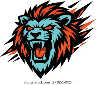 Ilustração vetorial de alta qualidade de um leão rugindo com um tema elétrico ou "cibernético". O design apresenta linhas nítidas e agressivas com um esquema de cores azul néon vibrante e laranja ardente. Perfeito para mascotes de jogos, logotipos de equipes esportivas ou roupas de rua.