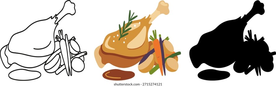 Ilustración vectorial de alta calidad de pavo asado o pierna de cordero servida con papas, zanahorias y romero. Disponible en línea de arte, diseño plano de color y silueta. Ideal para menús de restaurantes y cenas de vacaciones.