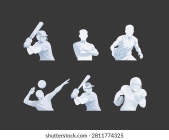 High-quality vector illustration set of diverse sports athlete avatars and characters in action poses. This bundle includes stylized light blue monochrome figures of a cricket batter, a basketball dribbler, a volleyball server, a baseball batter, an American football player running with the ball, and a confident coach or player silhouette. Perfect for sports trading cards layout, team logo designs, tournament promotional banners, school league graphics, and gaming profile avatars. Fully editable vector asset.