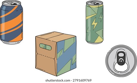 A high-quality vector illustration set featuring beverage packaging configurations designed in a clean, stylized flat aesthetic with fine outline accents. The collection includes a classic aluminum soda can with orange and blue stripes, a slim energy drink can featuring lightning bolt motifs, a multi-can cardboard carrying box with a built-in handle, and a detailed close-up of a can't top view showing the pull tab mechanism. This commercially versatile asset is perfectly optimized for soft drink manufacturing branding, brewery product packaging design, retail e-commerce banners, and beverage industry marketing materials.