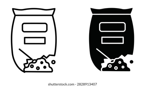 A high-quality vector illustration set featuring a broken sack with granular contents spilling out. This icon design is perfect for agricultural industrial or food packaging concepts provided in both outline and solid styles for versatile use.