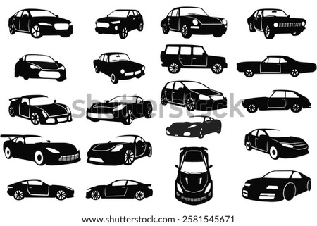 A high-quality vector illustration set featuring multiple car designs in various styles and angles. Perfect for automotive-related graphics, posters, advertisements, and digital projects.
