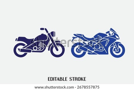 A high-quality vector illustration set featuring two distinct motorcycle styles: a classic cruiser and a sleek sport bike. This graphic comes with an editable stroke.