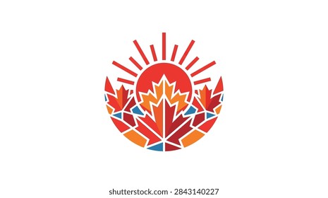 A high-quality vector illustration showcasing a circular logo composition centered around stylized maple leaves. The design utilizes a modern geometric and polygonal style, combining warm autumn colors like red and orange with contrasting blue accents. A bright sun with distinct rays rises from behind the leaves, symbolizing growth and vitality. The entire graphic is presented on a clean, isolated white background, ideal for branding, travel concepts, or national identity themes.
