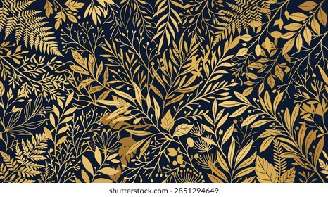 A high-quality vector illustration showcasing a dense botanical arrangement. The artwork features golden metallic-styled leaves, fern fronds, and thin branches intricately layered over a solid dark navy blue background. This sophisticated floral design is ideal for upscale branding, invitations, wall art, and fabric patterns.