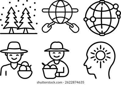 High-quality vector illustration of six unique line icons representing various concepts, perfect for web design, apps, and presentations.