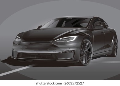 A high-quality vector illustration of a sleek and modern electric car with a glossy black finish. 