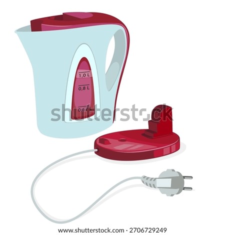 High-quality vector illustration of a stylish electric water kettle with a transparent water level indicator, red base, and power cord, ideal for kitchen designs