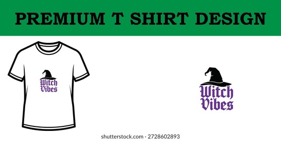 Ilustração vetorial de alta qualidade de um design elegante de t-shirt tipográfica com 'Witch Vibes' com um motivo de lua e estrelas, definido em um fundo transparente para uso versátil em vestuário e projetos de marca.