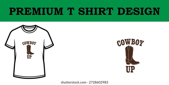 Ilustración vectorial de alta calidad de un elegante diseño de camiseta tipográfica con botas de vaquero con la frase 'cowboy up', perfecto para proyectos de ropa, Impresión a la carta y marca con una estética audaz y occidental.