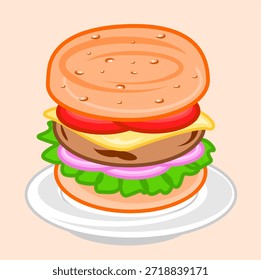 Eine hochwertige Vektorgrafik eines leckeren, geschichteten Hamburgers mit Käse, Tomate, Zwiebel und Salat auf weißem Teller. Perfekt für Speisekarten.