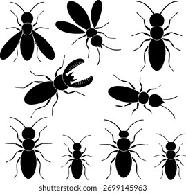 High-quality vector illustration of termite silhouettes showing different poses and life stages.