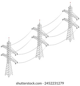 Una Ilustración vectorial de alta calidad de una red eléctrica tridimensional con pilones y cables de alta tensión, aislados sobre un fondo blanco.