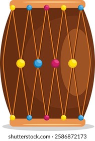 High-quality vector illustration of a traditional dholak drum, a popular Indian percussion instrument with a wooden body and rope tension tuning. Perfect for folk music, cultural festivals