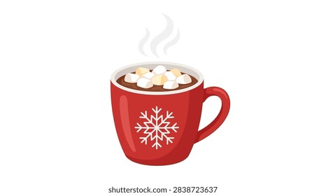 A high-quality vector illustration of a traditional red holiday coffee mug decorated with a large white snowflake. The cup is filled with a steaming hot beverage like cocoa or hot chocolate, perfect for winter or Christmas themes.