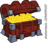 A high-quality vector illustration of a treasure chest filled with gold coins, sparkling gems, and mysterious artifacts. Perfect for T-shirt designs, game assets, and adventure-themed projects.
