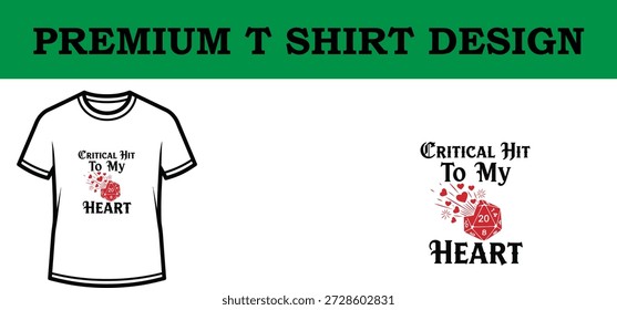 High-quality vector illustration of a typography t shirt design featuring playful text 'Critical Hit To My Heart' with pixel heart graphics, ideal for print-on-demand, merchandise, and digital design projects.