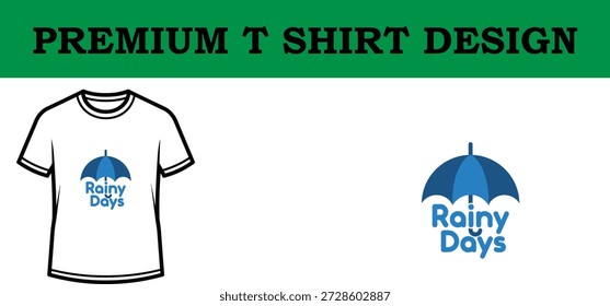 High-quality vector illustration of a typography t-shirt design featuring a blue umbrella and 'Rainy Days' text, perfect for print-on-demand, merchandise, and apparel branding with a clean, modern aesthetic.