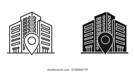Ilustración vectorial de alta calidad de edificios urbanos con iconos de navegación, ideal para marcadores de ubicación de negocios y mapas.