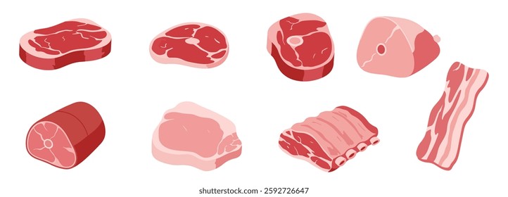 A high-quality vector illustration of various raw meat cuts, including steak, ribs, ham, bacon, and more. Perfect for butcher shops, food menus, and culinary projects.