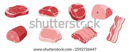 A high-quality vector illustration of various raw meat cuts, including steak, ribs, ham, bacon, and more. Perfect for butcher shops, food menus, and culinary projects.