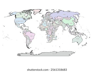 High-quality vector illustration of a world map featuring continents, countries, borders, and oceans. Perfect for education, cartography, business, design, and global presentations.