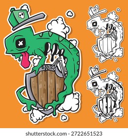 Ilustración vectorial de alta calidad de un camaleón zombi con una gorra de streetwear y sosteniendo un escudo de madera. Perfecto para pegatinas, estampados de camisetas, mascotas de juegos y proyectos de Diseño gráfico vanguardistas.