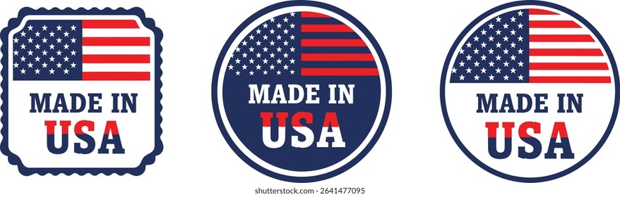 High-quality vector illustrations of "Made in USA" badges, incorporating the American flag. Perfect for product labels, patriotic designs, and showcasing US manufacturing quality.