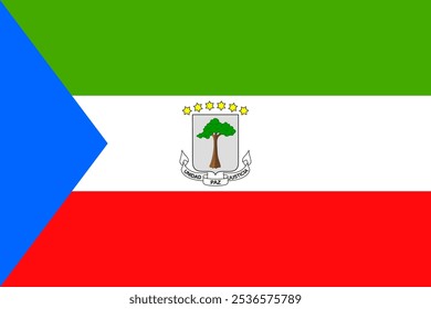 Imagen de Vector de alta calidad de la bandera de Guinea Ecuatorial que muestra las rayas verdes, blancas y rojas con triángulo azul y árboles y estrellas emblemáticos. Perfecto para patriotas, culturales o históricos