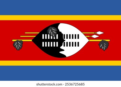 High-quality vector image of the Flag of Eswatini (Swaziland) featuring vibrant blue, red, and yellow stripes with traditional emblem of shield and spears. Ideal for cultural, patriotic, or historical