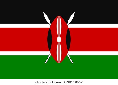 High-quality vector image of the Flag of Kenya featuring the bold black, red, green, and white stripes with a central Maasai shield and spears. Perfect for patriotic, cultural, design projects