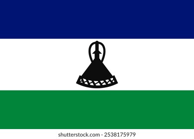 Imagem vetorial de alta qualidade da Bandeira do Lesoto mostrando as listras vibrantes azul, branco e verde com um emblema de escudo preto central. Perfeito para projeto patriótico, cultural ou histórico