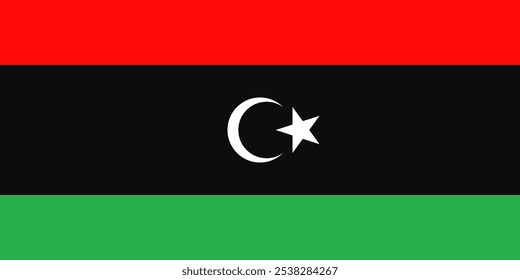 High-quality vector image of the Flag of Libya featuring bold red, black, and green stripes with a central white crescent and star. Capturing Libya's rich heritage and North African identity