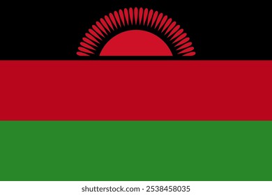 Imagen de Vector de alta calidad de la bandera de Malawi con las llamativas rayas rojas, negras y verdes con un emblema de sol naciente. Perfecto para proyectos de diseño histórico que capturan la rica identidad de Malawi